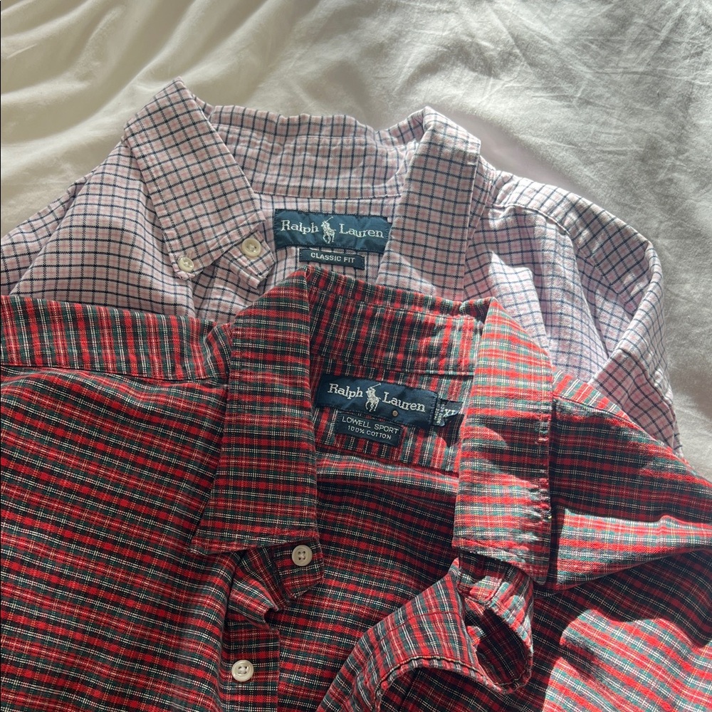 Two Ralph Lauren Men's Plaid Shirts - Red, Green, and White size XL